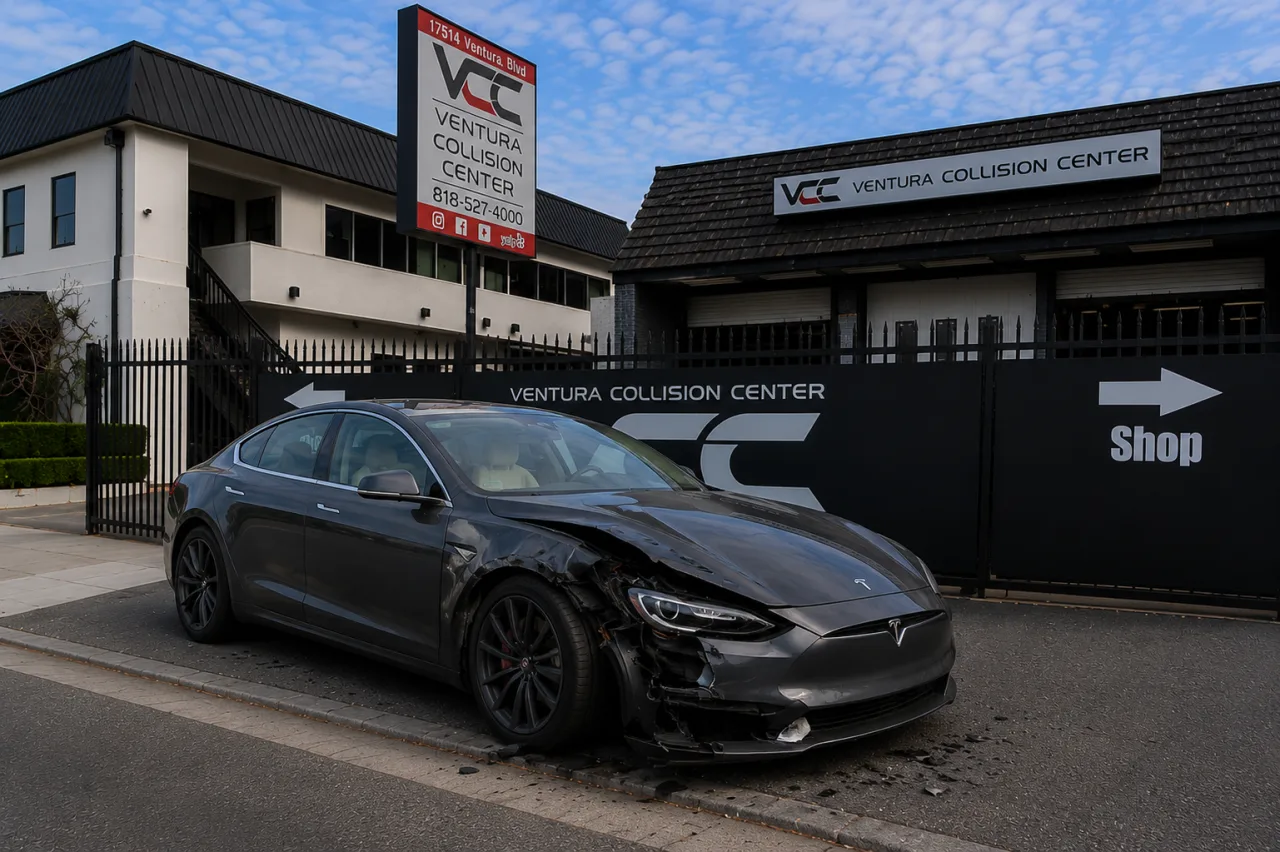 Tesla Model S before repair showing collision damage